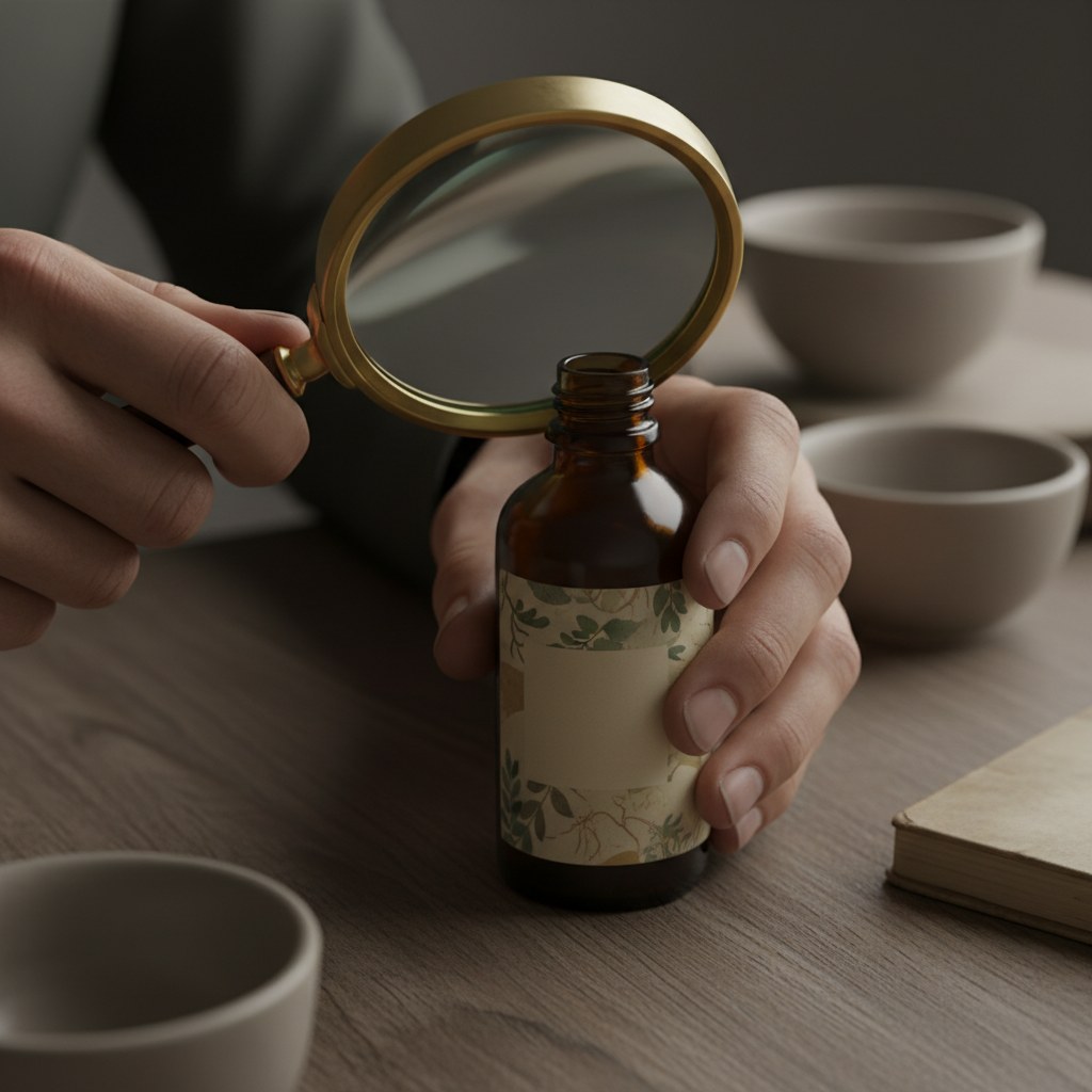 Hands inspecting a botanical supplement label closely with a magnifying glass